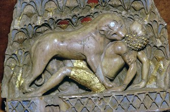 Ivory panel of a lioness devouring a boy, Palace of Ashurnasirpal II, Nimrud, Phoenician. Artist: Unknown