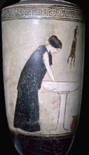 White-ground lekythos with a pianting of a woman at a wash basin, Attica, Greece, 470BC-460BC. Artist: Unknown