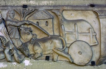 Roman funerary relief, showing an ox-cart. Artist: Unknown