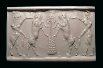 Akkadian cylinder-seal impression of a bull-man and hero. Artist: Unknown
