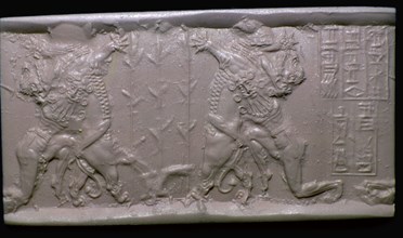 Akkadian cylinder-seal impression of Gilgamesh and a Lion. Artist: Unknown