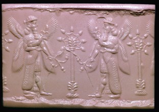 Neo-Assyrian cylinder-seal impression showing mythical beings making offerings. Artist: Unknown