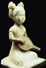 Chinese sculpture of a girl playing a stringed instrument. Artist: Unknown