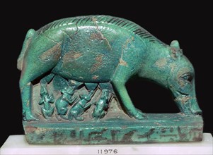 Egyptian faience statuette of a sow and piglets. Artist: Unknown