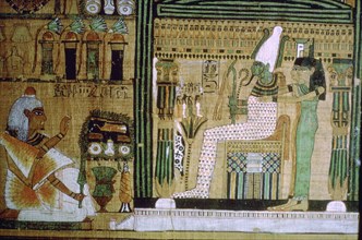 Egyptian Book of the Dead of the deceased kneeling before the gods of the underworld. Artist: Unknown