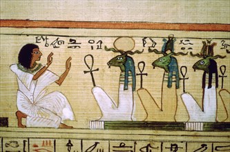 Egyptian Book of the Dead, deceased kneeling before the gods of the underworld. Artist: Unknown