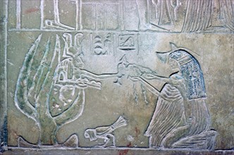 Egyptian relief showing a dead woman and Hathor. Artist: Unknown