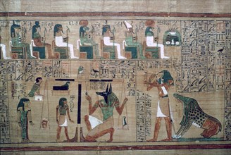Egyptian papyrus with a depiction of the 'weighing of the heart'. Artist: Unknown