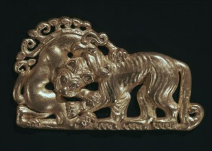 Sarmatian gold open-work plaque showing a tiger and fantastic beast. Artist: Unknown