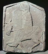 Detail of a Pictish slab showing a horseman with sword and spear, 7th century Artist: Unknown