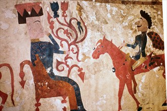 Detail of a horseman and seated man from felt Scythian wall-hanging. Artist: Unknown