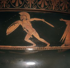 Greek vase showing Memnon fighting Achilles. Artist: Unknown