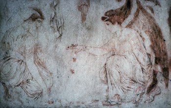 Roman painting on marble of ladies playing knucklebones. Creator: Unknown.