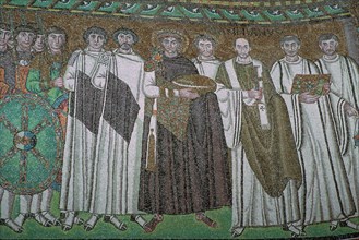 Mosaic of the Byzantine Emperor Justinian I and his court, 6th century. Artist: Unknown