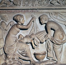 Roman depiction of bathing a baby. Artist: Unknown