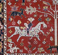 Detail of a horse, dog and tree on a Caucasian 'Hunting' carpet, 17th century. Artist: Unknown