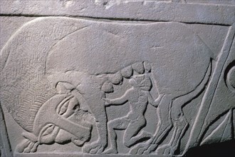 Etruscan grave-slab showing a man being suckled by a beast, 5th century. Artist: Unknown