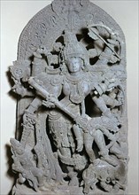 Miniature of Durga killing the buffalo demon, 13th century. Artist: Unknown