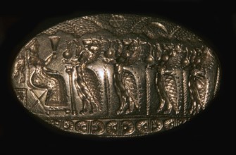 Mycenaean gold signet ring picturing a fertility rite, 13th century BC. Artist: Unknown