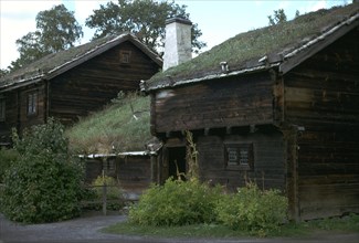 Traditional Swedish farm building with a turf roof. Artist: Unknown