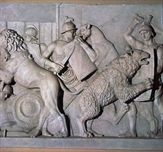 Roman relief of gladiators fighting wild beasts., 1st century. Artist: Unknown