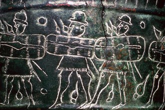 Detail of a bronze situala with Etruscan soldiers, 5th century BC. Artist: Unknown
