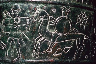 Detail of a bronze situala with Etruscan soldiers, 5th century BC. Artist: Unknown