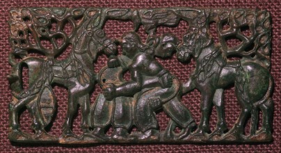 Chinese bronze harness-plaque of wrestling men, 5th century BC. Artist: Unknown