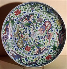 Chinese porcelain dish with a design of dragons and phoenixes, 17th century BC Artist: Unknown