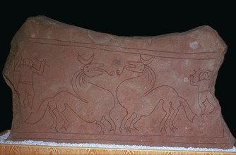 Iron age stela of two horses fighting, 5th century. Artist: Unknown