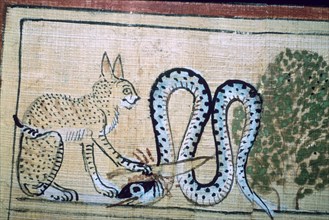 Egyptian papyrus of the cat of Ra killing Apophis the snake of evil. Artist: Unknown