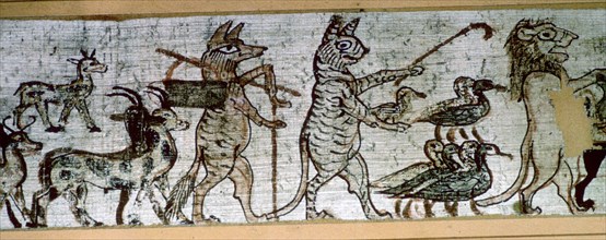Detail from the Egyptian 'satirical papyrus' of a fox playing the pipes and leading goats, and a cat Artist: Unknown