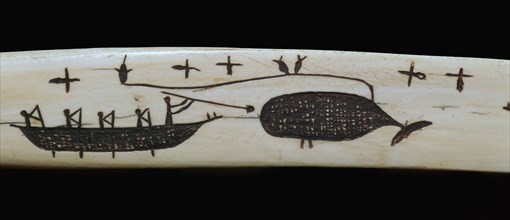 Carving of an Inuit whale-hunt on an ivory snow-knife, 19th century. Artist: Unknown