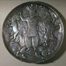 Sassanian dish showing a king holding lions. Artist: Unknown