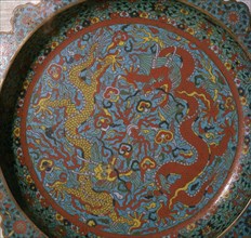 Chinese Ming Dynasty enamel dish with a design of dragons, 16th century. Artist: Unknown