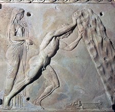 Roman terracotta Campana plaque showing Theseus lifting a huge rock. Artist: Unknown