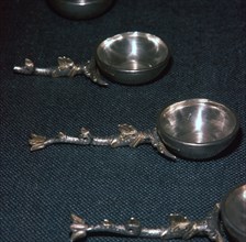 Roman silver and gilt ladles with handles cast in the form of dolphins, 4th century. Artist: Unknown