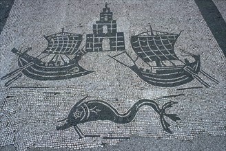 Roman mosaic of two ships, a light house, and a dolphin, 2nd century. Artist: Unknown