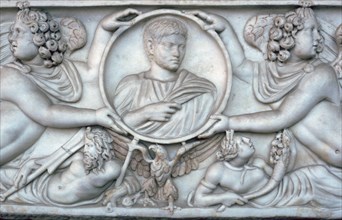 Detail of a Roman sarcophagus of a young man. Artist: Unknown