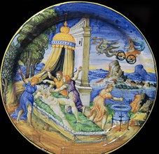 Italian earthenware plate showing Pelias being killed by his daughters, 16th century. Artist: Francesco Durantino