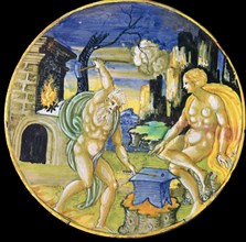Italian earthenware plate showing Vulcan forging arrows for Cupid, c.16th century. Artist: Unknown