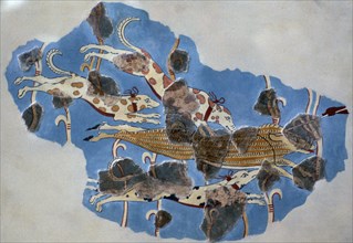 Detail of a Mycenaean fresco showing a wild boar hunt. Artist: Unknown