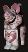 Mochica stirrup-spout vessel of a male figure with a jaguar's head, 3rd century. Artist: Unknown