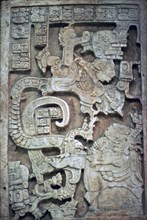 Mayan stone lintel showing a serpent god and priest. Artist: Unknown