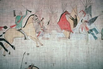 Blackfoot Native American tepee lining showing an attack on a camp Artist: Unknown