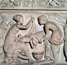 Depiction of bathing a baby from a Roman sarcophagus. Artist: Unknown