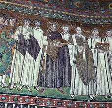 Mosaic of the Emperor Justinian and his court, 6th century. Artist: Unknown