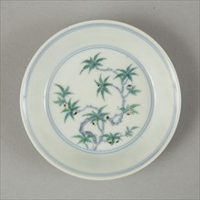 Doucai saucer with fruiting peach, late Kangxi period (1700-1722). Artist: Unknown.