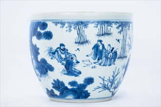 Deep blue and white fish bowl of sages in bamboo grove, 1630-1650. Artist: Unknown.