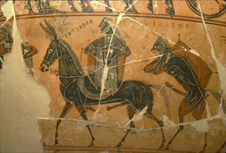 Detail of Francois Vase, Hephaestus, on a mule, followed by Silenus, c6th century BC. Artists: Ergotimos, Kleitias.